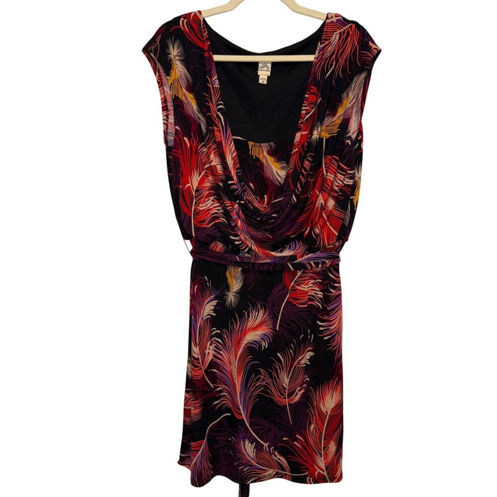 Sangria Multicolor Cowl Neck Dress Feather Print Size 10 Sleeveless Knee-Length